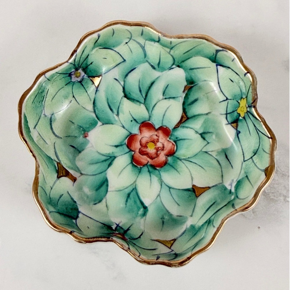 VTG 1964 Lenwil Ardalt Japan Green Floral Gilded Trinket Nut Nesting Dish 3 1/2"